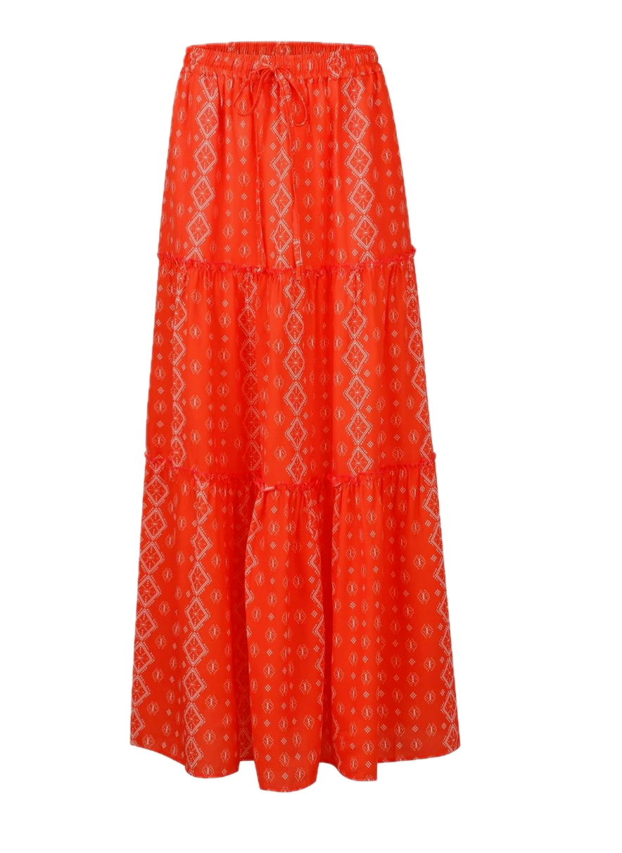 EARKOHA Women's S Boho Tiered High Waist Tie Paisley Floral Print Red Long Maxi