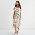 MSRP $79 Robbie Bee Womens 16 Ivory Multi Floral Midi Dress Draped Neck Short