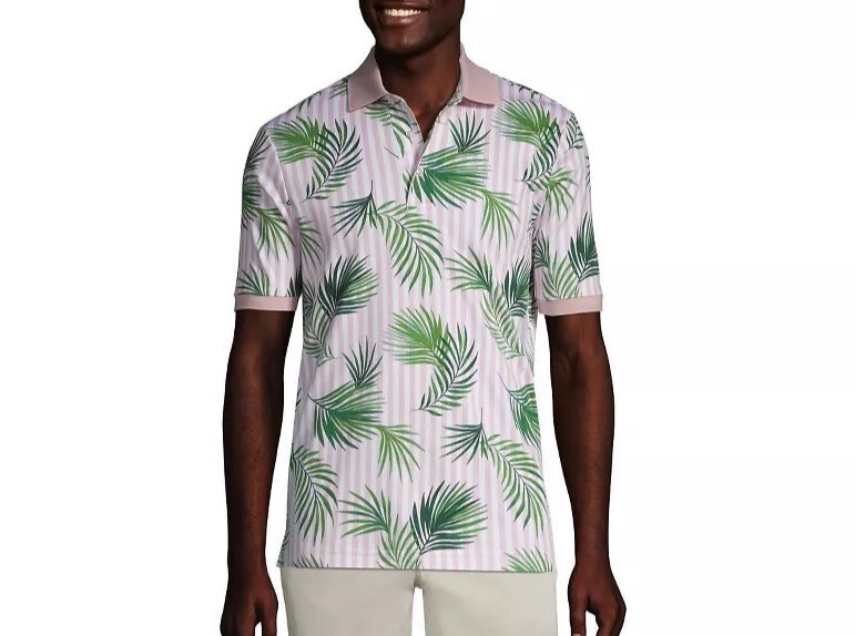 Lands End Mens M-XL Short Sleeve Jacquard Super Soft Supima Polo Shirt White/Pin