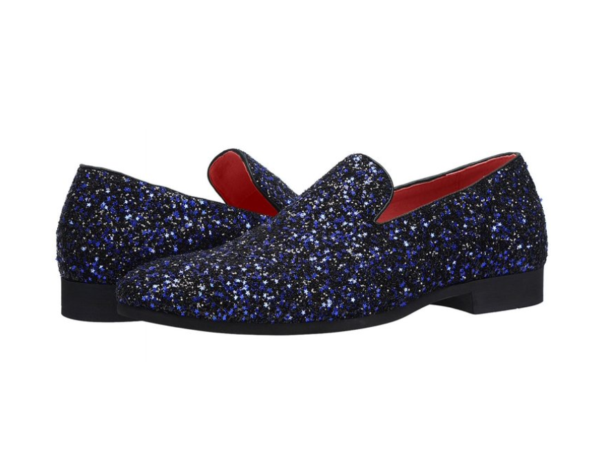 Santimon Men's US 7.5-12 Blue Sequins Glitter Smoking Loafers Casual Shoes