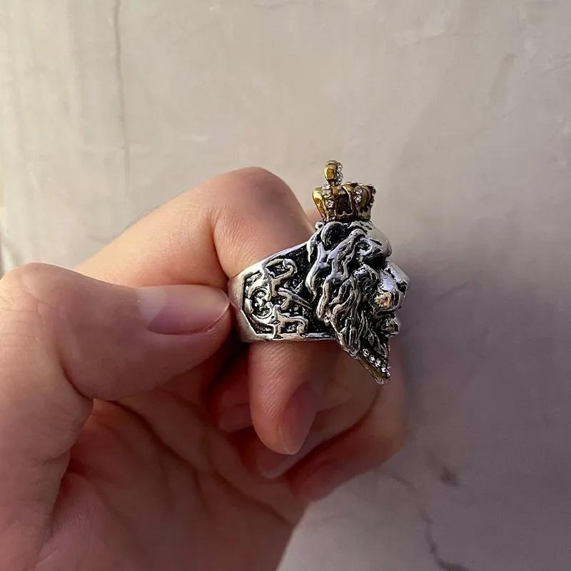 Crowned Lion Ring Mens Two Tone Crystal Statement Jewelry Stainless Steel Size