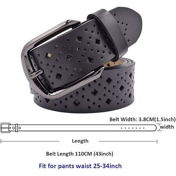 MSRP $18 VONSELY Women's 1.5" Wide Black Hollow Leather Belts Soft with Pin Buck