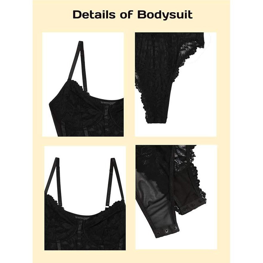 MSRP $39 Milumia Women's M Black Sexy Mesh Lace Bodysuit Spaghetti Strap Busti