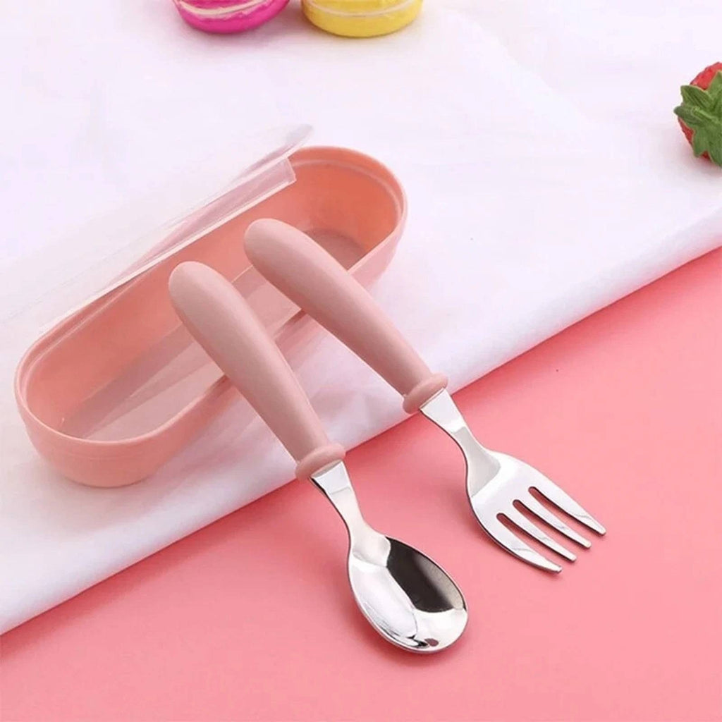 Set of 3 Kids Pink Stainless Steel Fork & Spoon w/ Storage Case Portable Travel