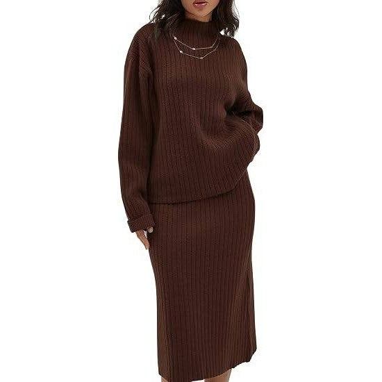 MSRP $52 CHYRII Womens L Coffee 2 Piece Outfit Oversized Sweater Top & Skirt S