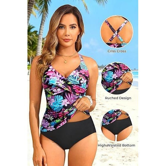 MSRP $44 Tempt Me Women's M Colorful Flower Two Piece Swimsuit Tummy Control