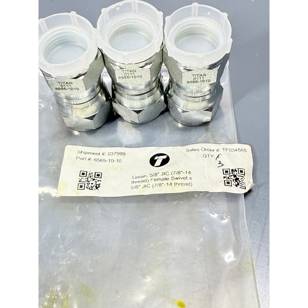 Set of 3 Titan 6565-10-10 5/8" JIC Female Swivel Union Hydraulic Fitting (7/8