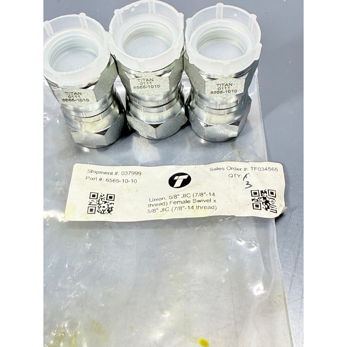 Set of 3 Titan 6565-10-10 5/8" JIC Female Swivel Union Hydraulic Fitting (7/8