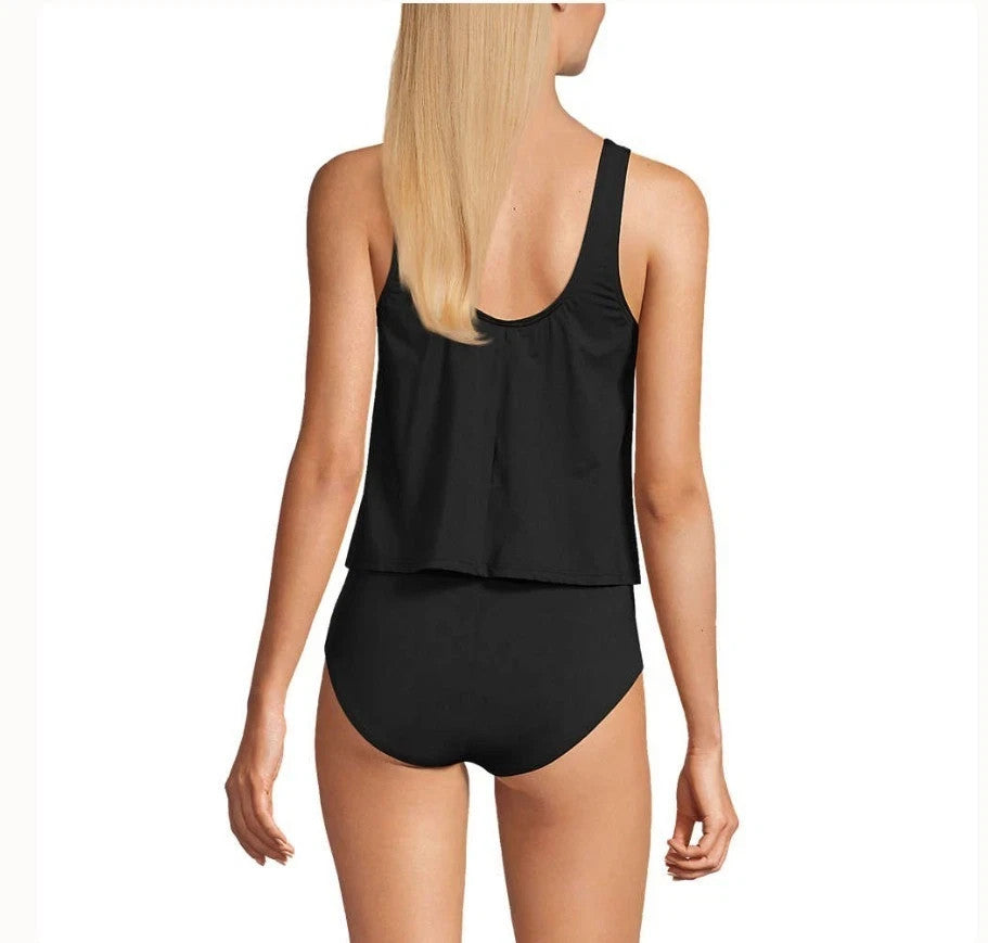 Lands' End Women's L, L LONG Black V Neck One Piece Fauxkini Swimsuit  This item