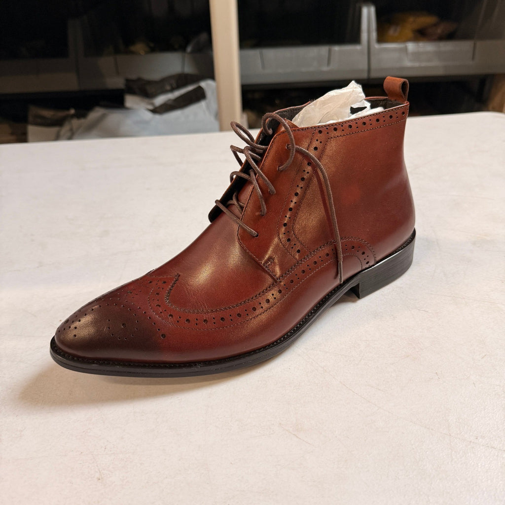 Santimon Men's US 9 Brown Wingtip Pointed Toe Lace Up Ankle Dress Boots Side Zip