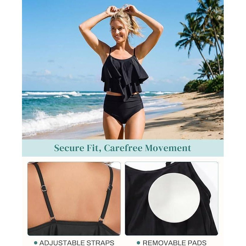 MSRP $35 American Trends Women's L High Waisted Tankini Swimsuit Flounce Top T