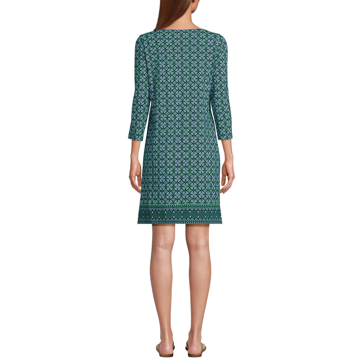 Lands' End Women's M-1X LONG Green 3/4 Sleeve Boatneck Swim Cover-up Dress