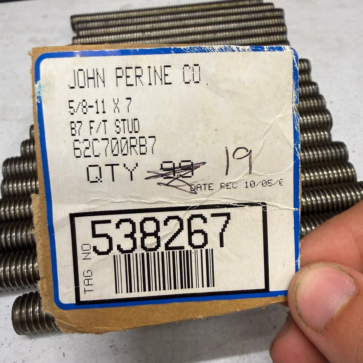 Set of 19 John Perine 5/8-11 x 7 B7 Full Thread Stud Bolts