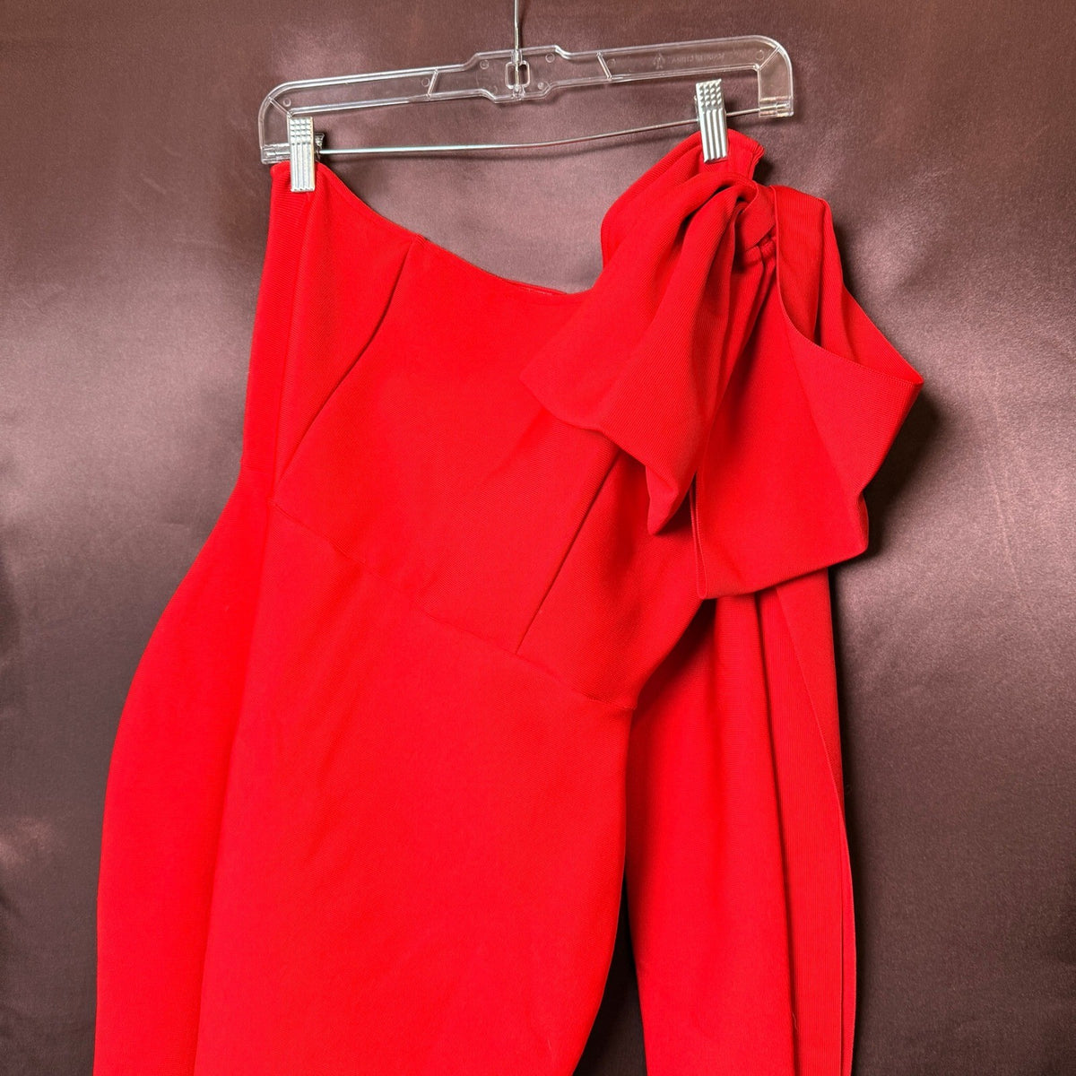 UONBOX Women's XL Red One Shoulder Long Sleeve Bowknot Bodycon Bandage Dress