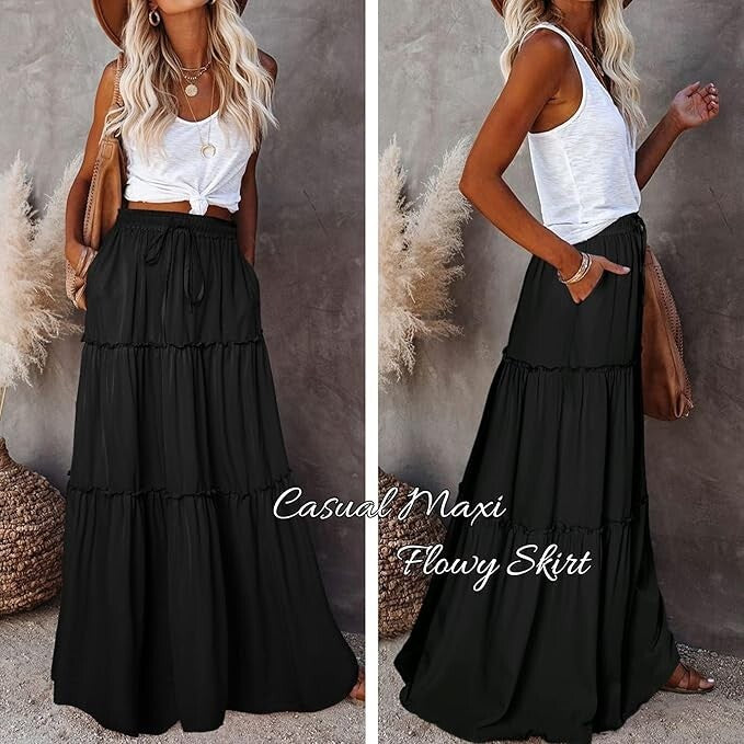 EARKOHA Comfy Casual Maxi Skirt for Women Sz M Tie Waist Paisley Skirt Black  Pl