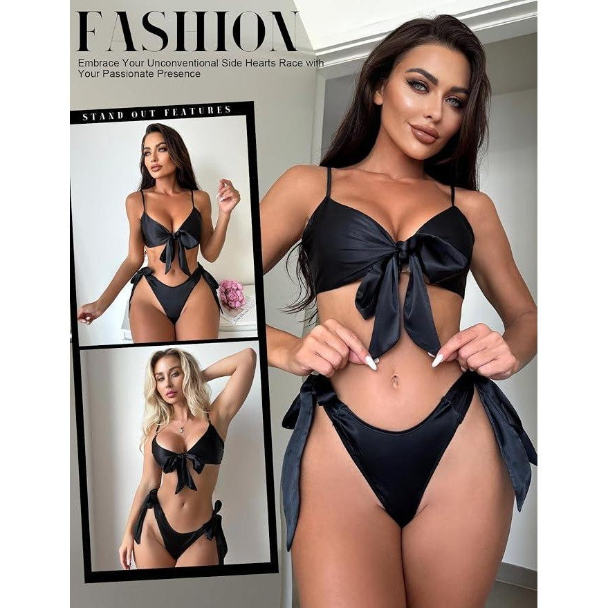 MSRP $36 RSLOVE Women's L Black Sexy Lingerie Set Satin Bow Tie 2 Piece Bra