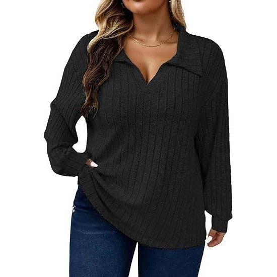 ROSRISS Women's 2XL Black Casual Knit Pullover Split V-Neck Long Sleeve Sweate