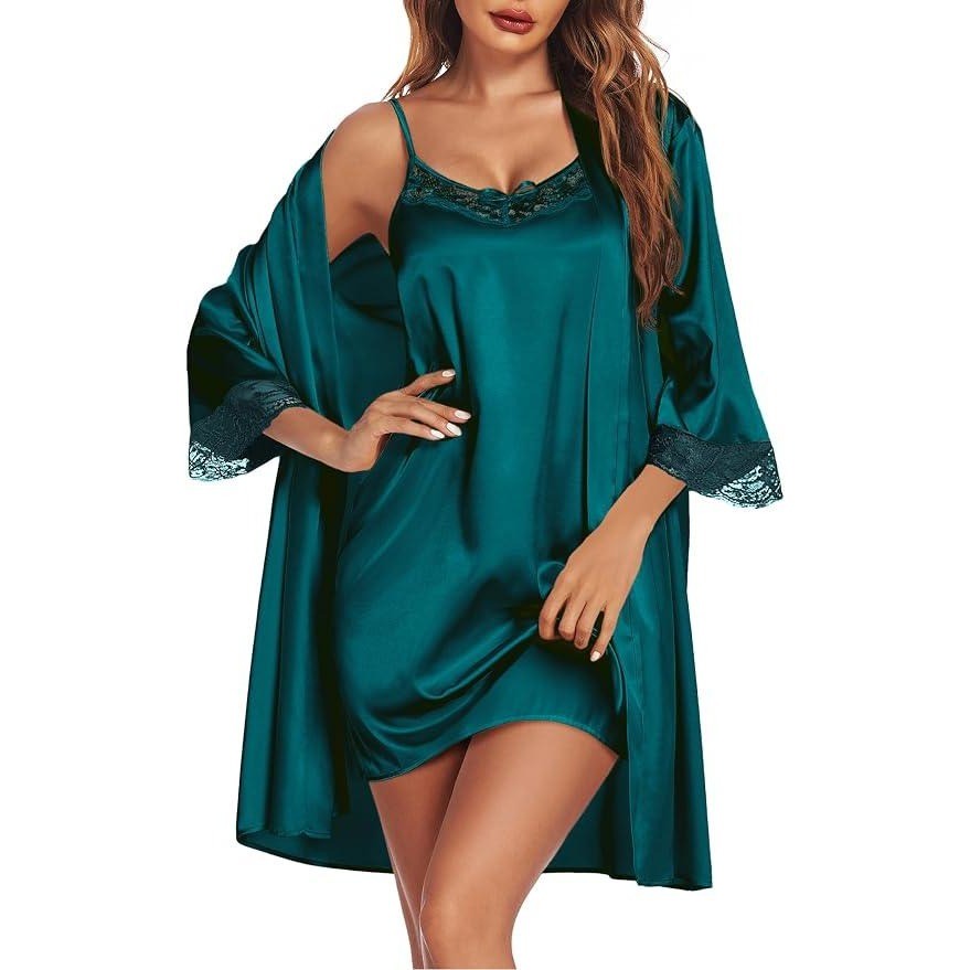 Ekouaer Sleepwear Women's L 2 Piece Satin Nightgown with Robe Set Sexy Lace