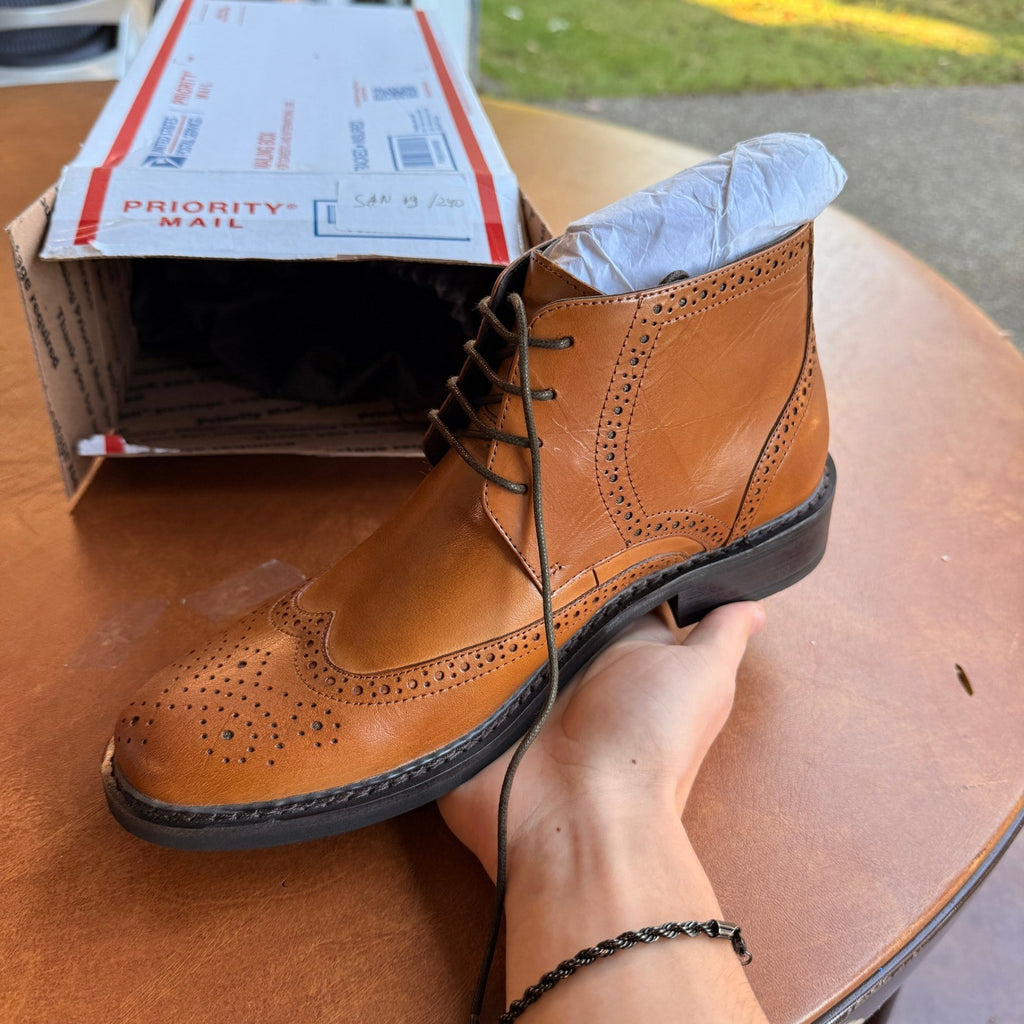 Santimon Men's US 6.5 Tan Leather Wingtip Brogues Ankle Lace Up Dress Boots