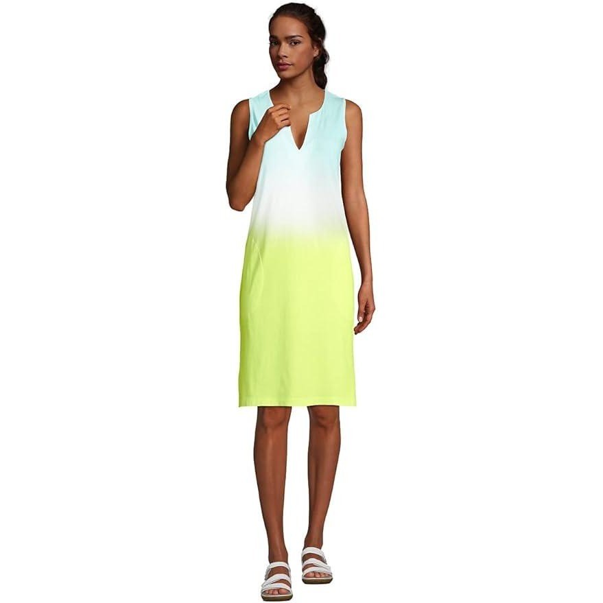 Lands End Womens M Cotton Jersey Sleeveless Swim Cover-up Dress Lemon Lime Ombre