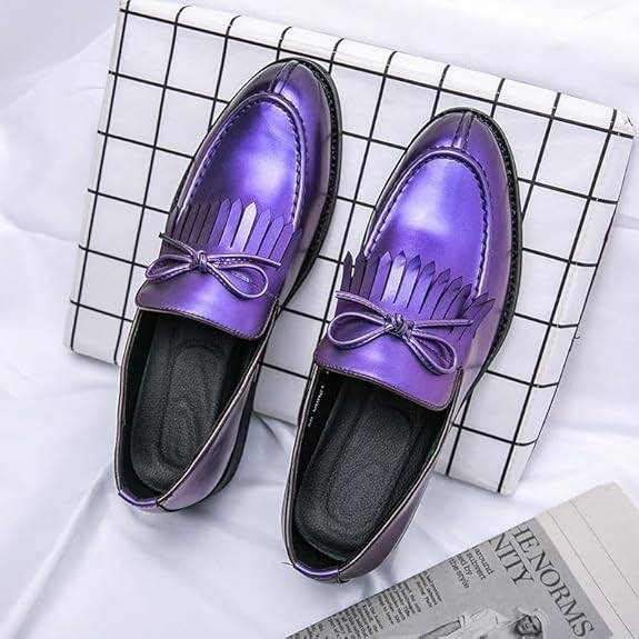 Santimon Men's US 8 Purple Moc Toe Kiltie Bow Slip On Loafers Casual Boat Shoes