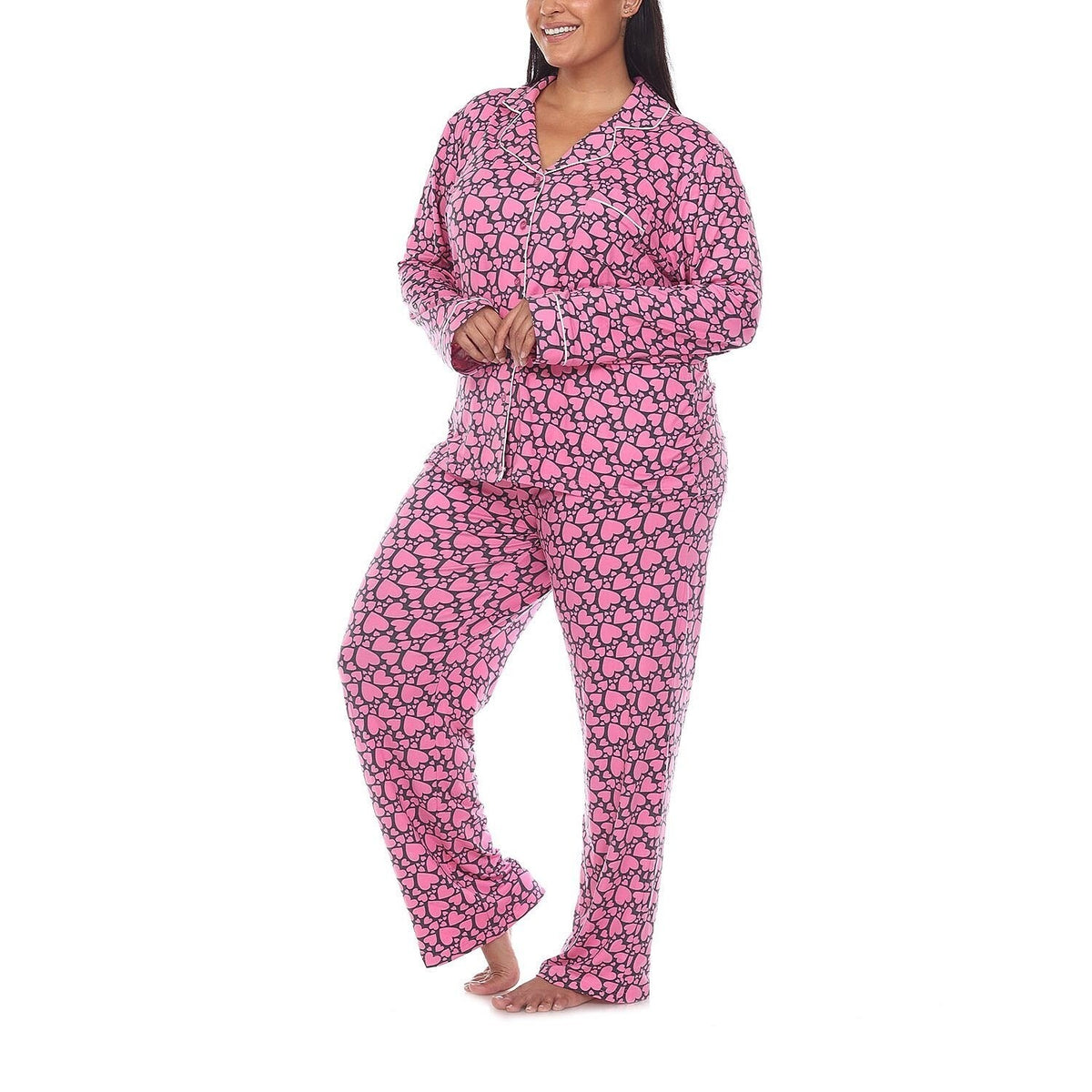 MSRP $48 White Mark Womens 1X Pink Hearts Long Sleeve 2 Piece Pajama Set
