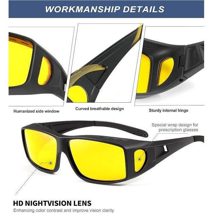 MSRP $23 KALIYADI 3 Pair Night Vision Glasses Fit Over Wrap Around Glasses Anti