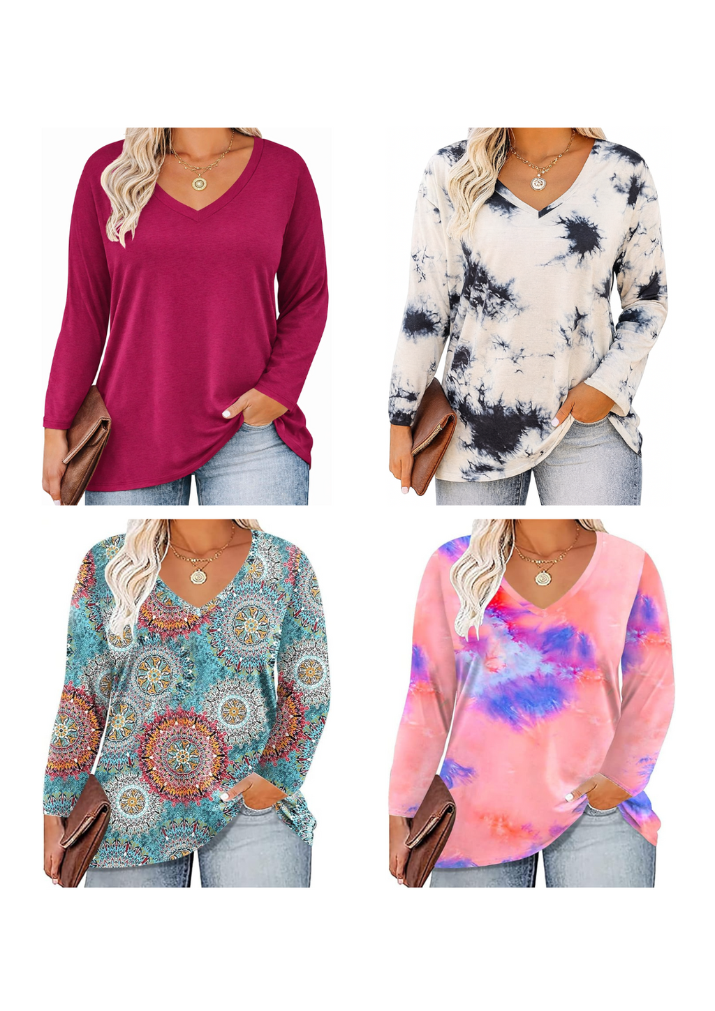 ROSRISS Womens Plus Size 14W-28W Top Long Sleeve Tee V-Neck Tunic Blouse T-Shirt