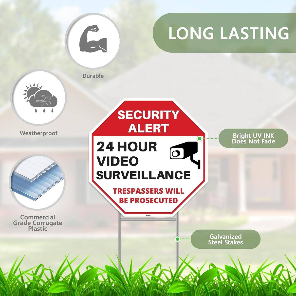 Pack of 2 Venicor 12"x12" 24 Hour Video Surveillance Sign with Stakes Sign