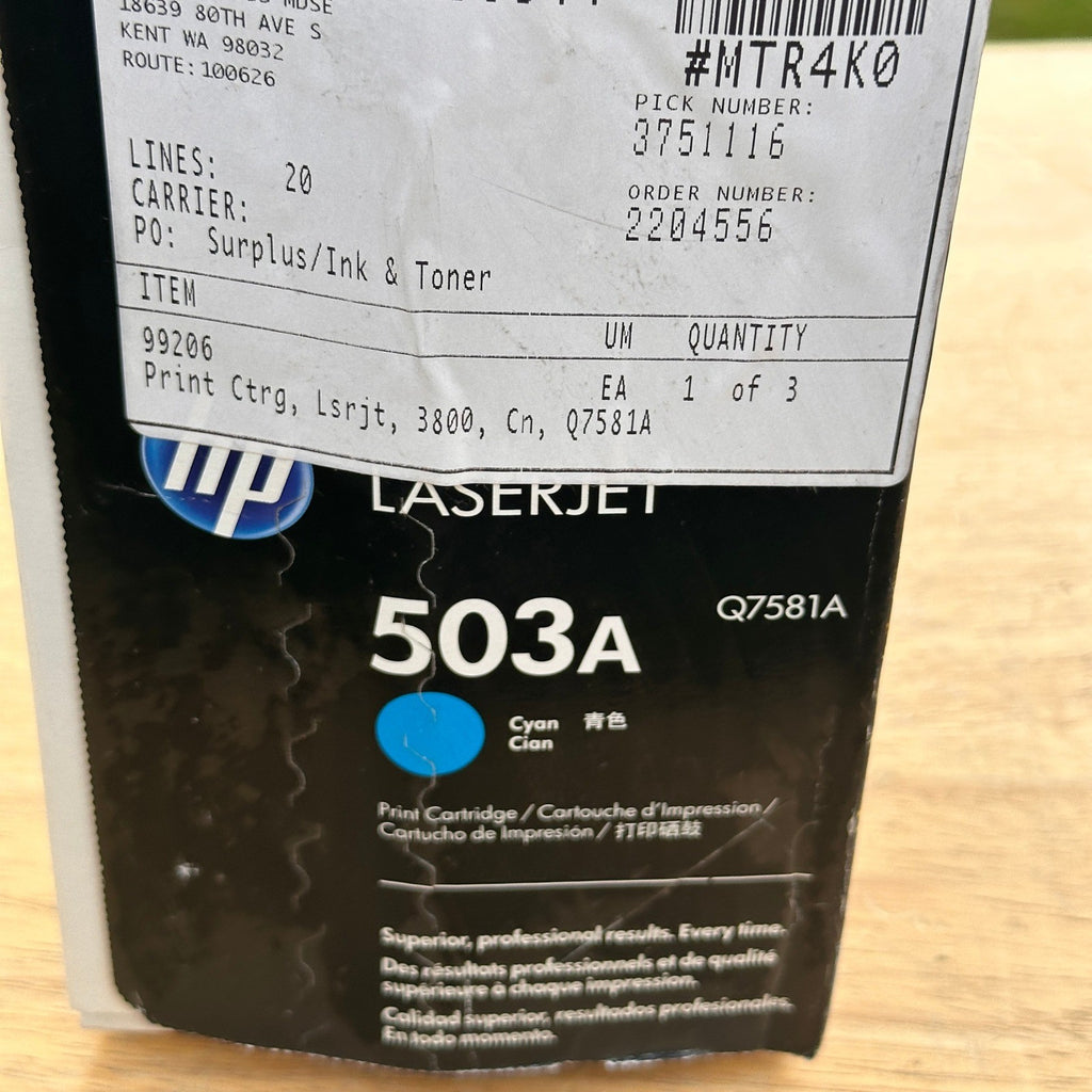 HP 503A Cyan Toner Cartridge Q7581A for LaserJet CP3505, 3800 Sealed
