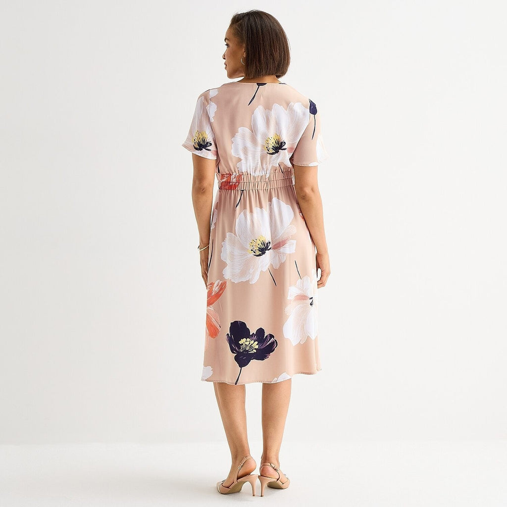 MSRP $84 Liz Claiborne Womens L Tall Beige Floral Midi Flutter Satin Dress V Nec