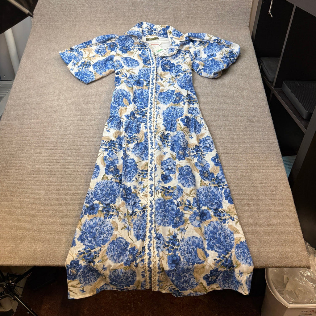 MSRP $89 Melonie T Womens 8 Ivory/Blue Floral Belted Midi Shirt Dress Short