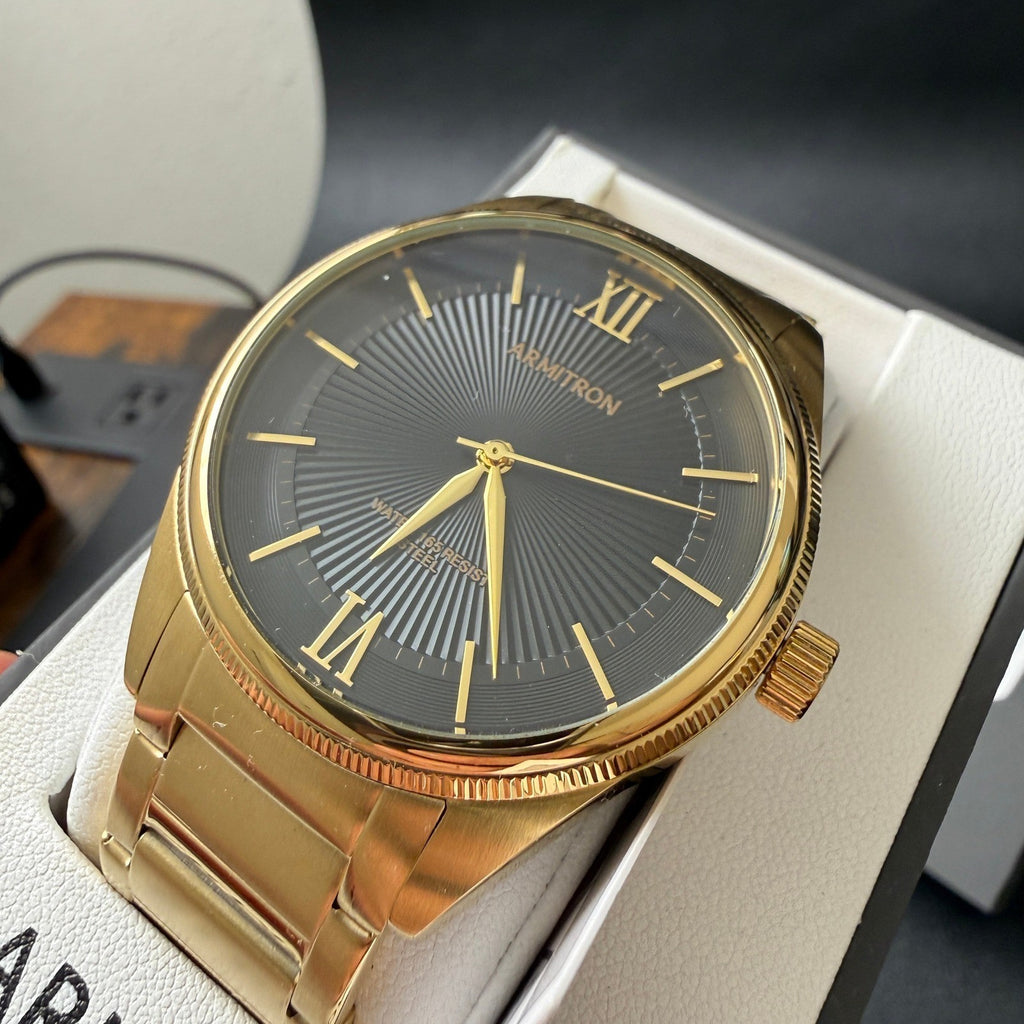 Armitron 20/5597GP Men's Black Dial Gold Tone Bracelet Watch New Battery Japan