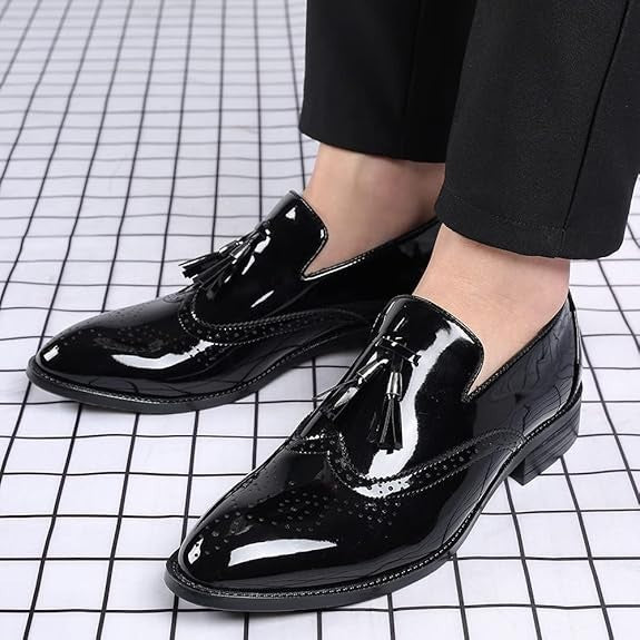 Santimon Men's US 8 Black Patent Leather Wingtip Tassel Loafers Dress Shoes