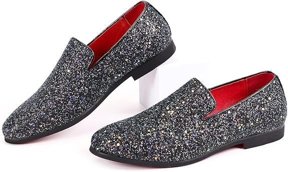 Santimon Men's US 9, 10 Black Glitter Slip-On Loafers Sequin Dress Shoes