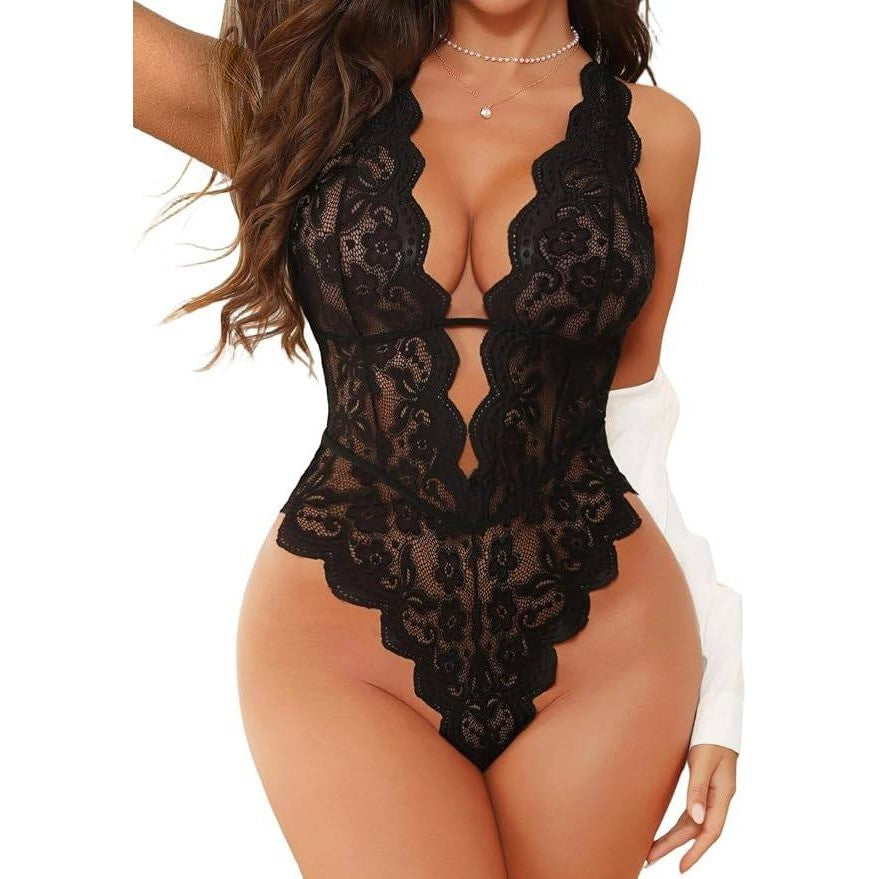 Aranmei Women's S Sexy Lingerie Hollow Out Floral Lace Bodysuit One Piece Deep