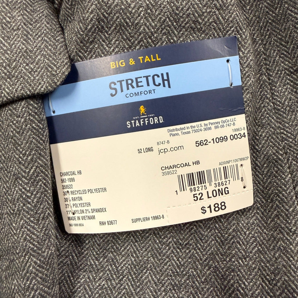 MSRP $188 Stafford Mens 52 Big Long Charcoal Hb Classic Fit Sport Coat