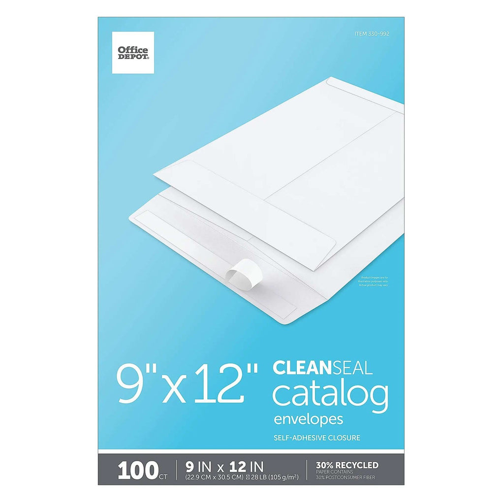 Pack of 100 Office Depot Catalog Envelopes, 9" x 12", Clean Seal White, 30% Rec