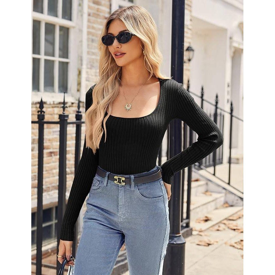 HOTOUCH Women's XL Sweater Pullover Square Neck Long Sleeve Slim Fitted