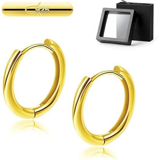 Set of 2 925 Silver 6mm Gold Color Huggie Hoop Earrings Cartilage Piercing Jewel