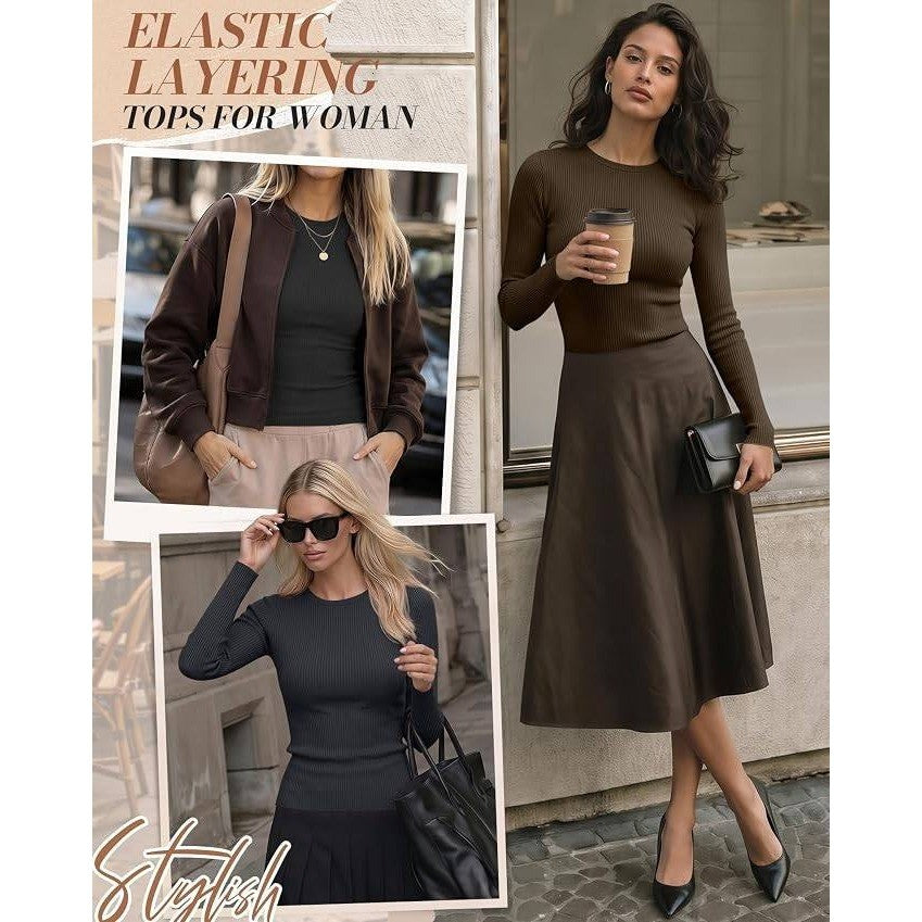 MSRP $51 Ficerd 3 Pack Women's M Ribbed Crew Neck Long Sleeve Shirts Slim Fitte