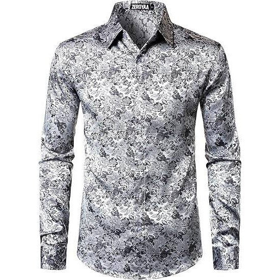 MSRP $42 ZEROYAA Men's S Silver Shiny Satin Rose Floral Jacquard Shirt Long