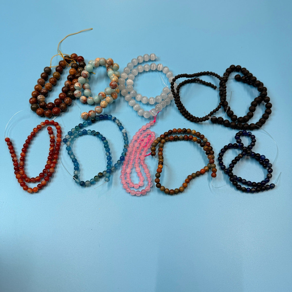 Set of 10 Natural Gemstone Round Beads Strands 15" Sizes 6,8,10 mm 11oz №B26