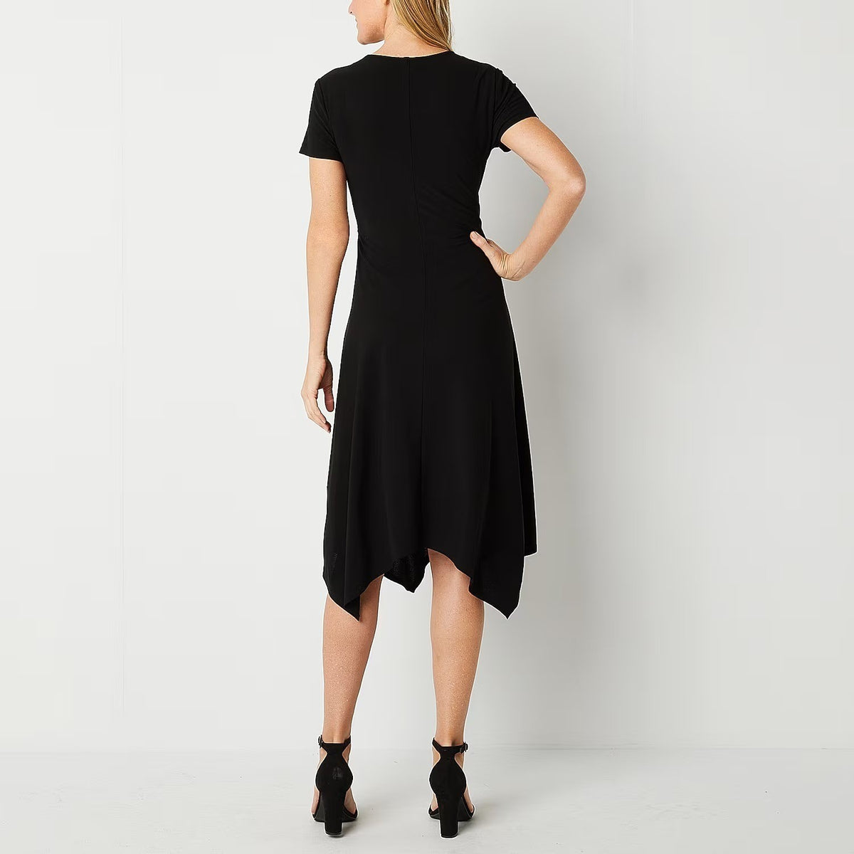 MSRP $69 Perceptions Womens M Black Midi V Neck Short Sleeve Dress