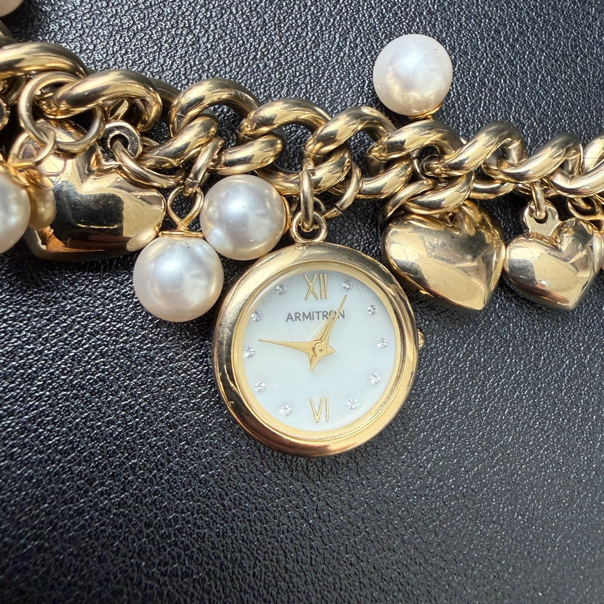 MSRP $85 Armitron 75/5578GP Womens Gold Tone Charm Crystal Bracelet Watch New B
