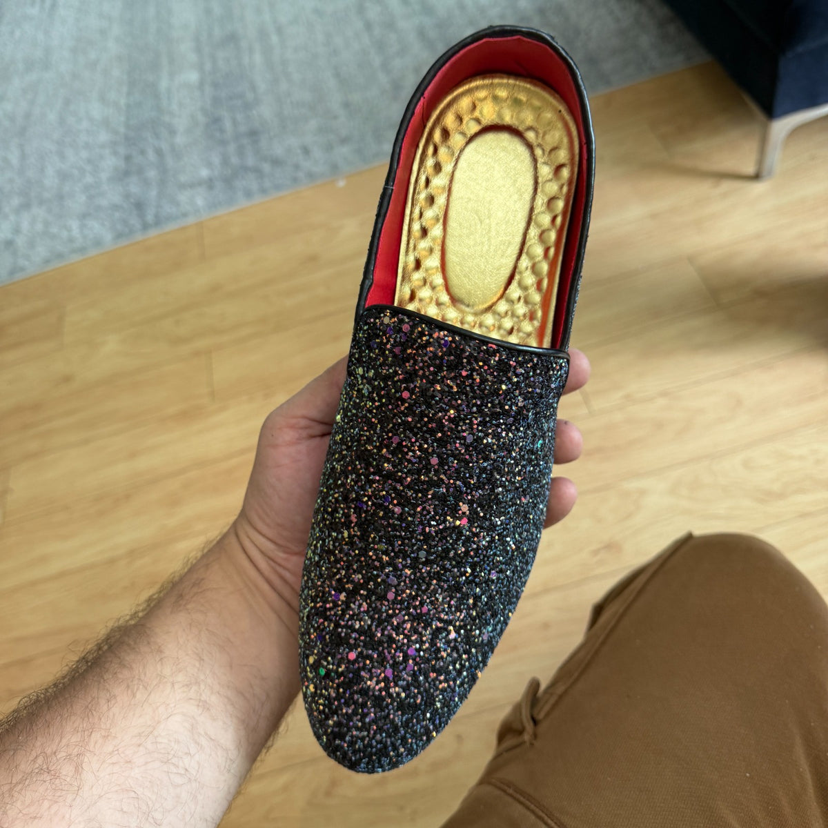 Santimon Men's US 9, 10 Black Glitter Slip-On Loafers Sequin Dress Shoes