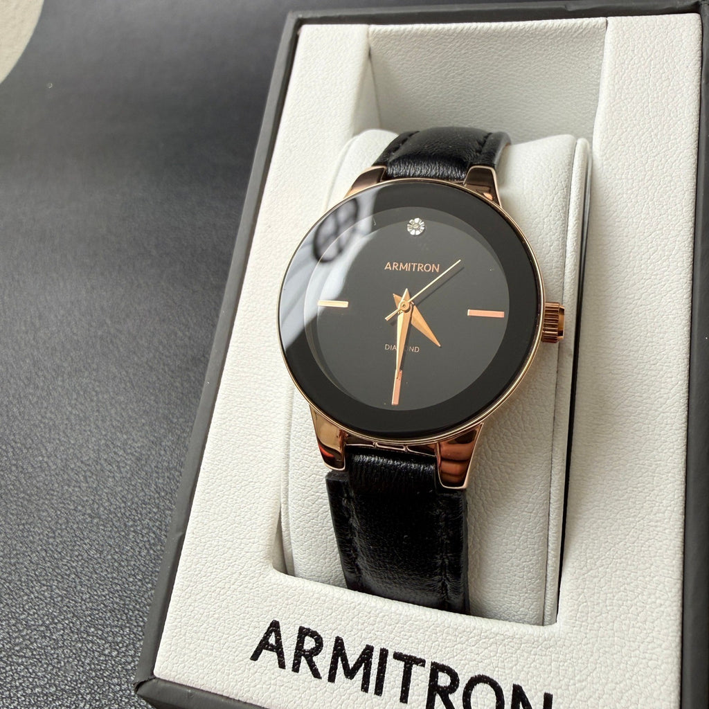 MSRP $50 Armitron 75/5410RG Rose Gold Womens Diamond Black Dial Watch New Batt