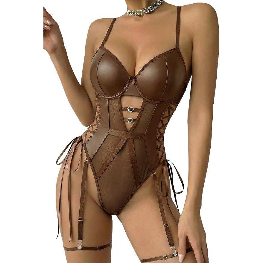 MSRP $19 Avidlove Womens XXL Sexy Lingerie Leather Teddy Mesh One Piece Body