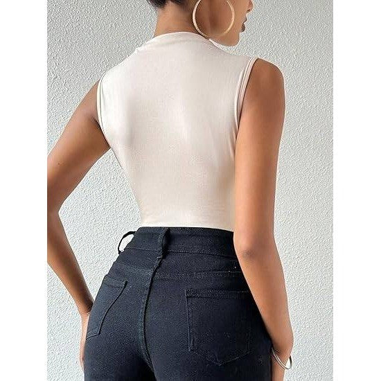 MSRP $31 Milumia Women's L Apricot Ruched Tank Top Sleeveless Mock Neck Bodysui