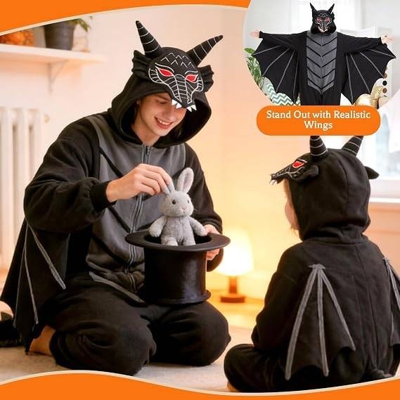 NWT Dragon Onesie, Black Sz 110 Dragon Costume Wings Hooded Halloween Cosplay
